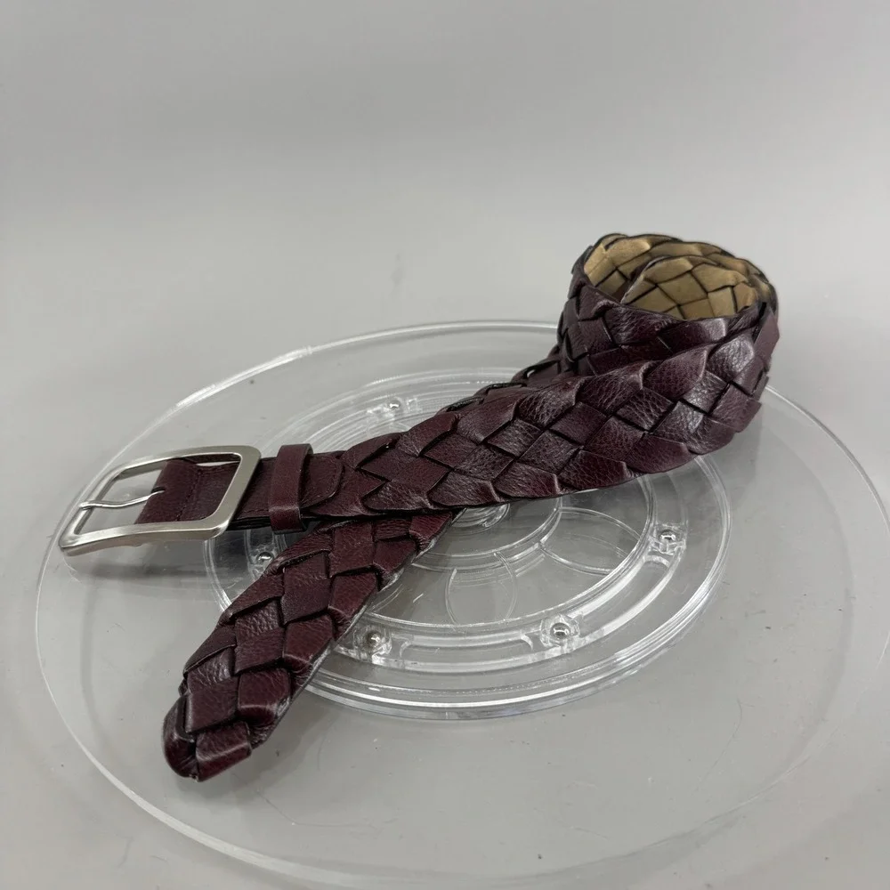 Unbranded Unisex Woven Braided Leather Belt Silver Buckle Burgundy Wine Size 28